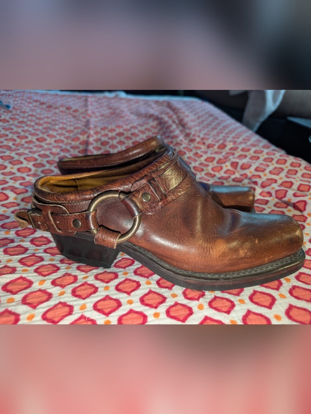 Frye Womens Leather Belted Harness Mules Shoes 70760 Square Toe Slip-On Brown 7M
